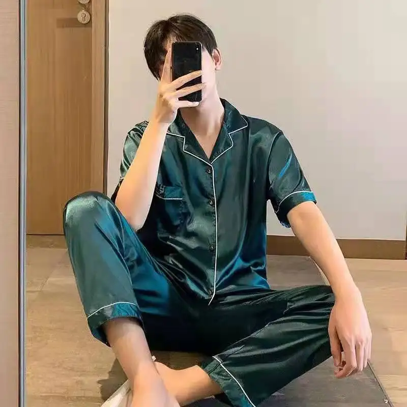 

Fashion Summer Men's Bathrobe Kimono Set Women's Pajamas Ice Silk Short-Sleeved Loose Sexy Spring Autumn Sleepwear kimono 2021