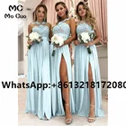 Женское длинное платье подружки невесты, синее шифоновое официальное платье с разрезом спереди и аппликацией для свадебной вечеринки, 2021