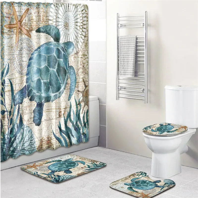 4 шт./компл. занавеска для душа с принтом черепах чехол на коврик ванной набор