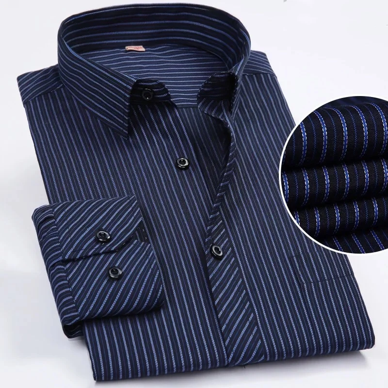 

Large Men Long sleeve Non-Iron Dress Shirt Male Social Navy Striped Shirts Easy Care oversized Shirt
