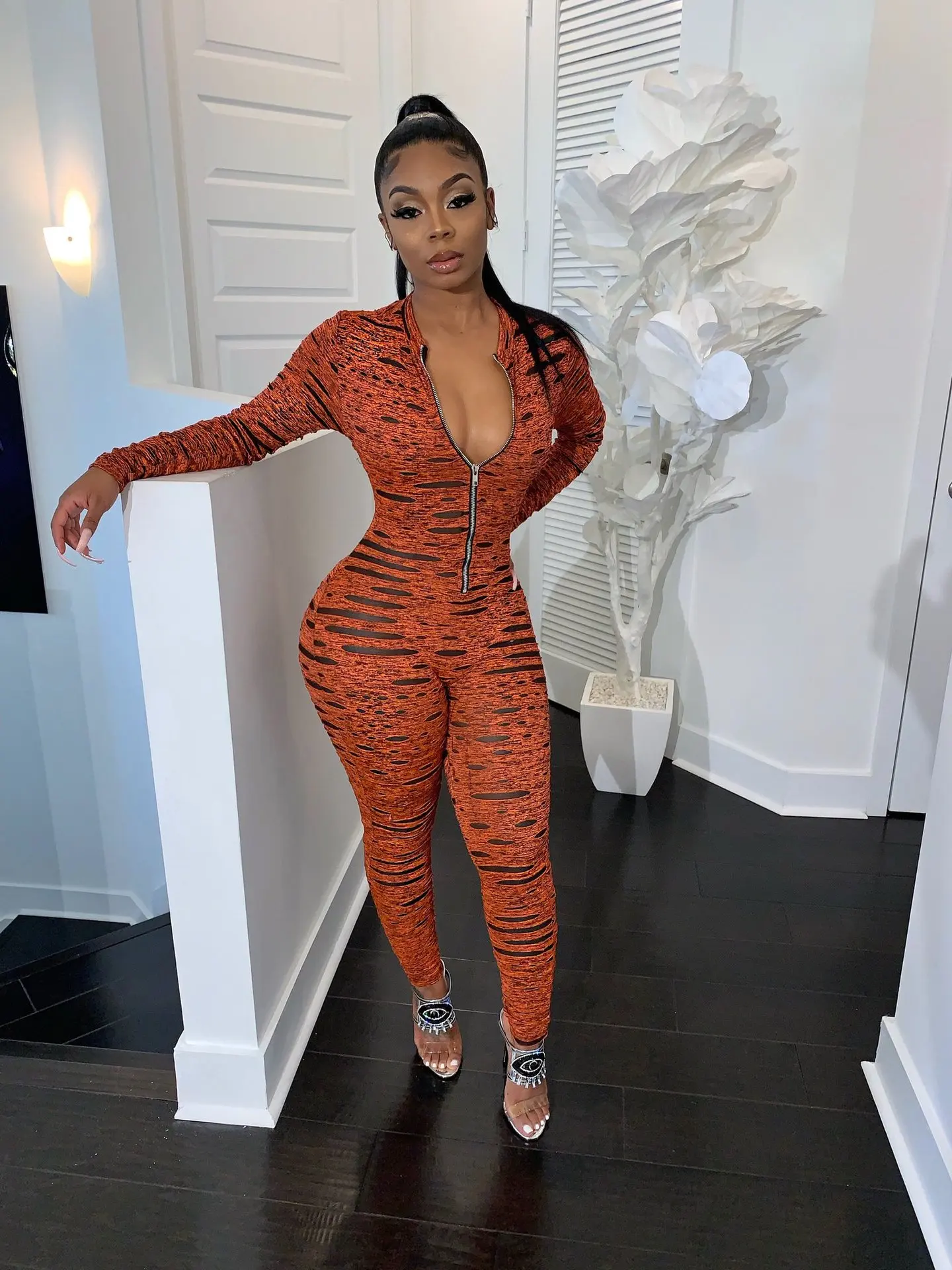 Женский Облегающий комбинезон OMSJ осенне-зимний с длинным рукавом и принтом