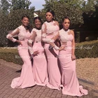 Розовые кружевные платья подружки невесты с аппликацией, Прозрачное платье с длинным рукавом, Африканское женское платье-Русалка для свадебной вечеринки, официальное платье