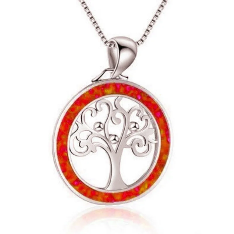 Женское колье с подвеской Древо жизни маленькое голубым опалом серебряного