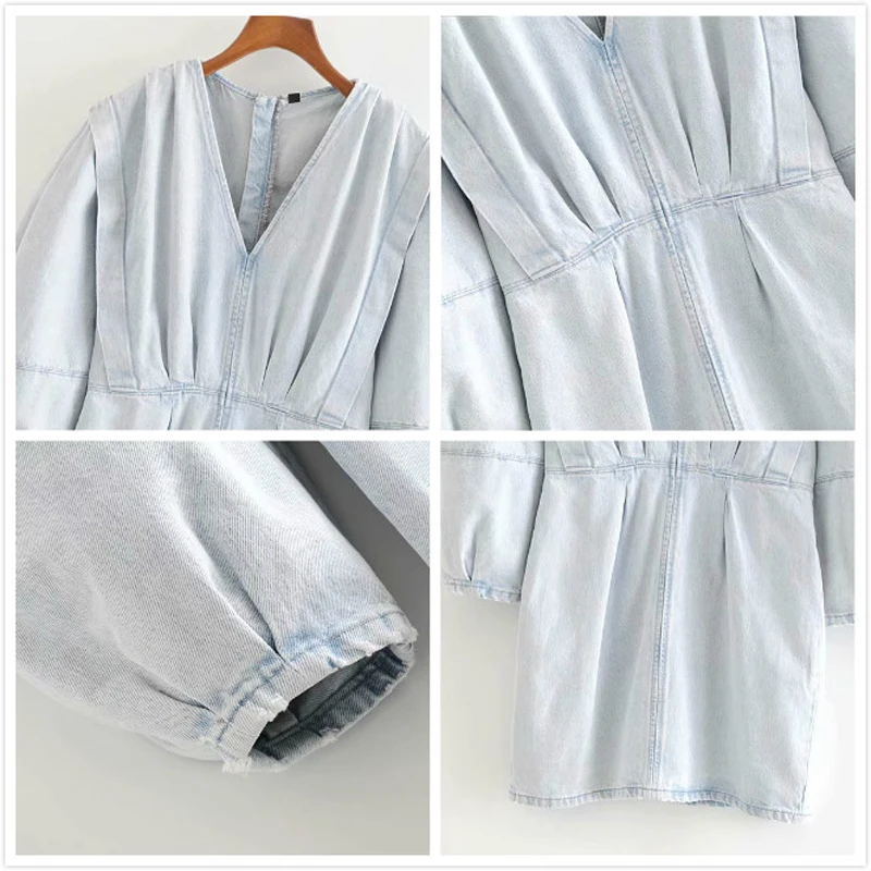 Женское джинсовое мини-платье с V-образным вырезом пышными рукавами | Женская