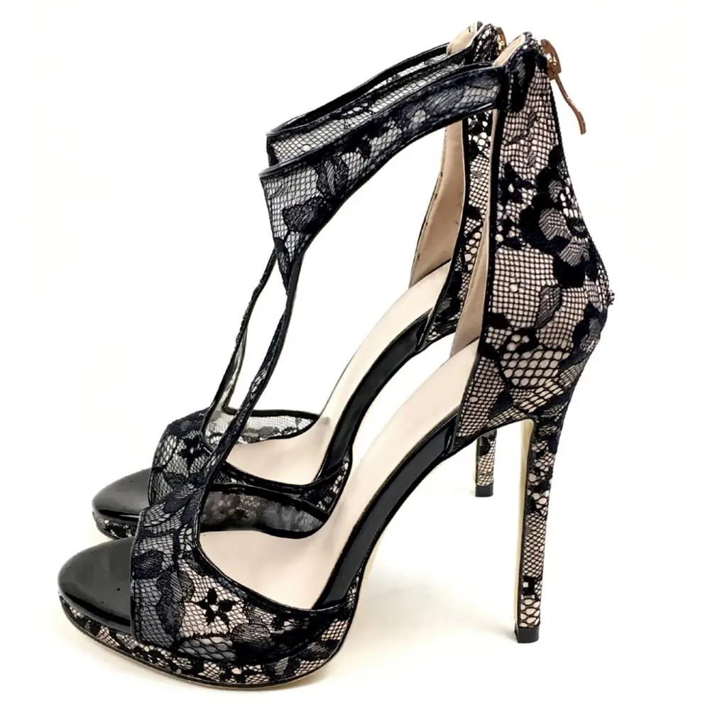 

Women Ladies Summer Sandals Peep Toe High Heels Shoes Black Lace Cover Heel Back Zip Party Dress Heels Aimirlly