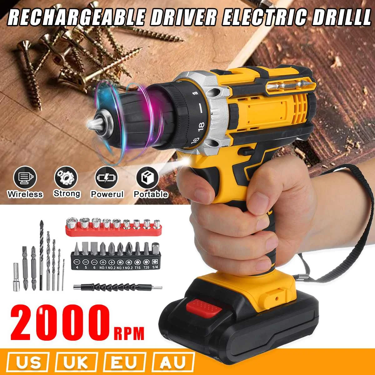 

21V Electric Drill Cordless Screwdriver Wireless Drill Power Tools Hammer Drill Electric Drill Set with Lithium Battery