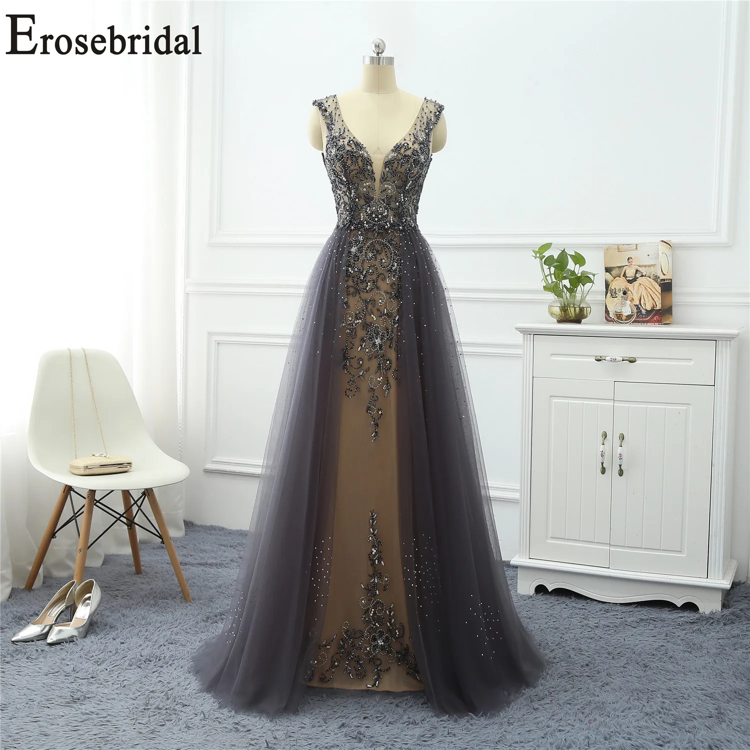 Erosebridal платья с длинным рукавом для особых случаев для женщин вечернее платье Длинные официальные платья вечерние платья тюль ткань с бисером