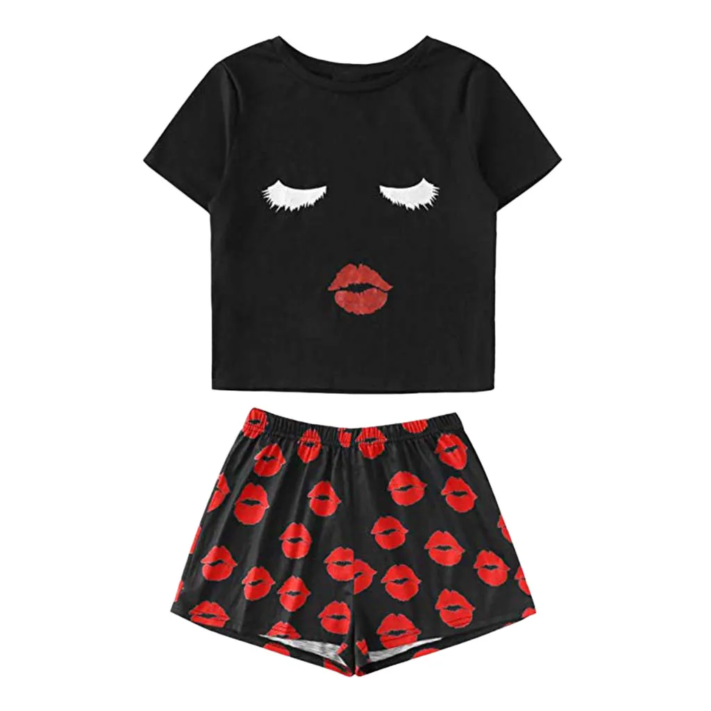 Женский пижамный комплект с рисунком губ футболка коротким рукавом и шорты
