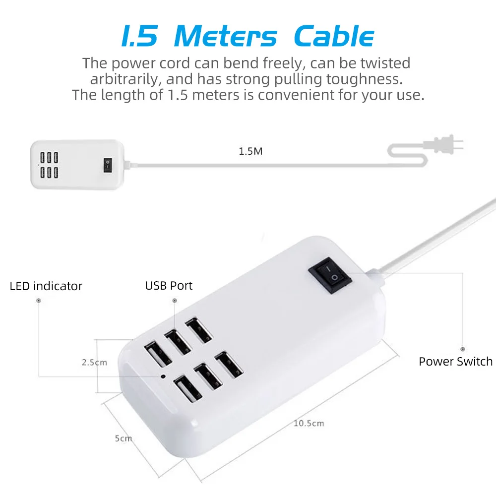 Фото Зарядное устройство Anmone USB 6 портов 5 В/3 А штепсельная вилка стандарта США адаптер Зарядное устройство Anmone USB 6 портов 5 В/3 А штепсельная вилка стандарта США адаптер