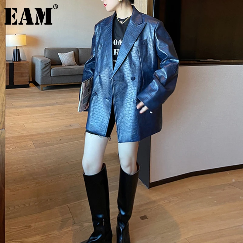 

[EAM] Women Blue Crocodile Pattern Pu Leather Blazer New Lapel Long Sleeve Loose Fit Jacket Fashion Spring Autumn 2022 1DD6434