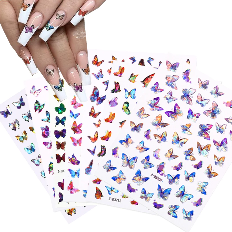 3D Переливающаяся наклейка для ногтей в виде бабочки на заднюю стенку