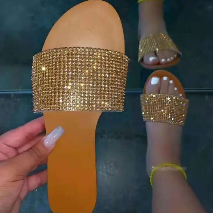 

2021 spring /summer new metal rhinestone single layer outdoor non-slip ladies sandals all-match casual and durable ms slippers