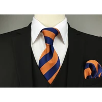e27 navy blue orange striped silk mens necktie set wedding dress ties for male brand new classic hanky extra long size