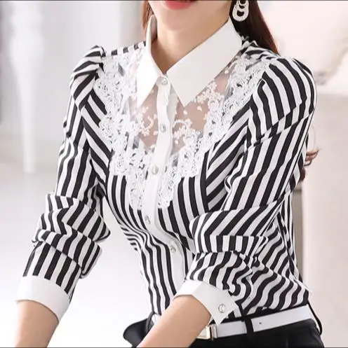 2020 New S Women Lace Blouses Long Sleeve Striped Shirt Casual Kimono OL Work Tops Blusas Femininas Plus Size 3XL 4XL RQ776 |