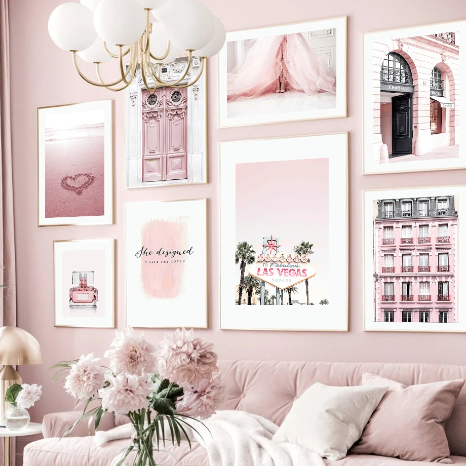 

Pink Beach Fashion Dress Girl Perfume Wall Art Canvas Painting Nordic Posters And Prints Wall Pictures For Living Room Decor