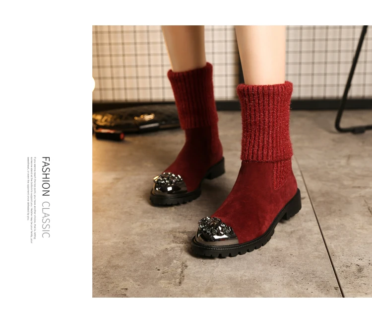 Botas Mujer; зимние вязаные сапоги; женские сапоги до середины икры; Bota Feminina; обувь со стразами; женские эластичные сапоги; Botines Mujer; коллекция года; Zapatos De Mujer