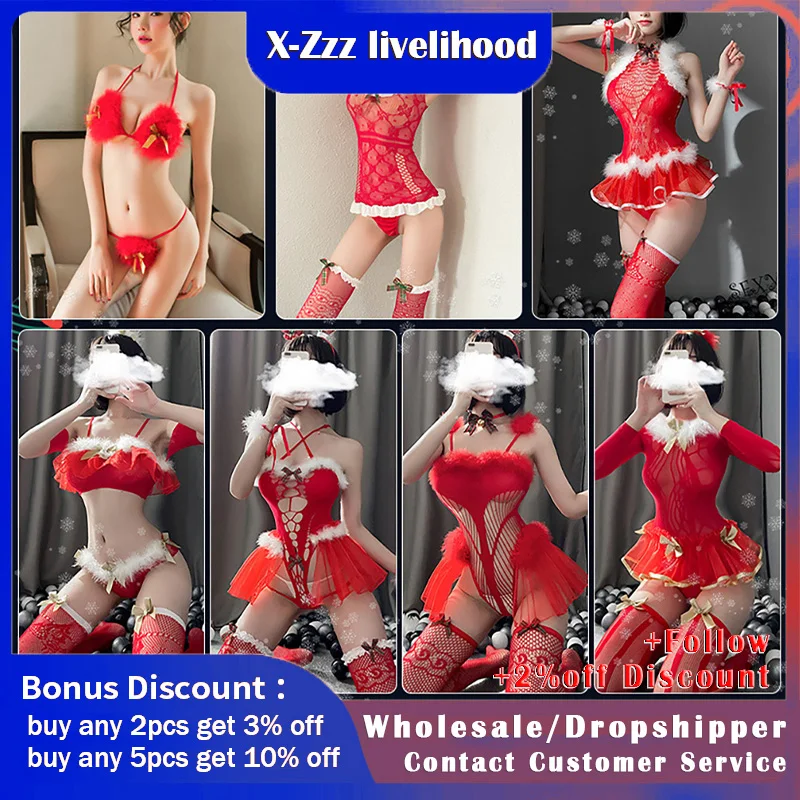 Christmas Sexy Lingerie Woman Lace Babydoll Nightwear Exotic Underwear Cosplay Santa Claus Hat Clothes Babydoll Dress Lingerie