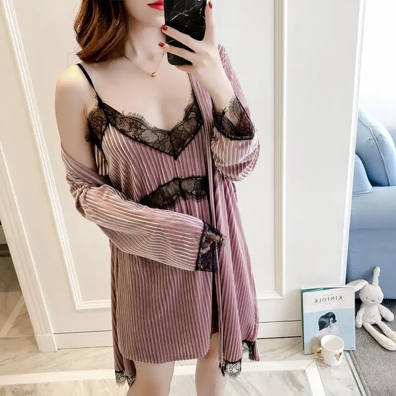Женский сексуальный Бархатный комплект из 2 предметов, свободное кимоно, халат, одежда для сна, кружевная Осенняя домашняя одежда для свадьбы, невесты, подружки невесты, Халат - Цвет: Robe A