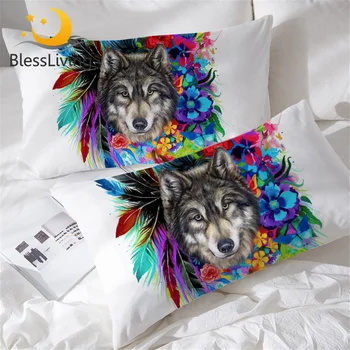 BlessLiving Boho Wolf Pillow Shams Colorful Flowers Feathers Decorative Pillow Cases Set of 2 Animal Watercolor Pillowcase 1