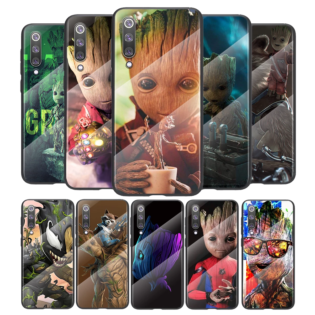 

Cute Marvel Groot For Xiaomi Mi 11 11i 10T CC9E 9T Note 10 Ultra Pro Lite 5G Tempered Glass Cover Shell Phone Case