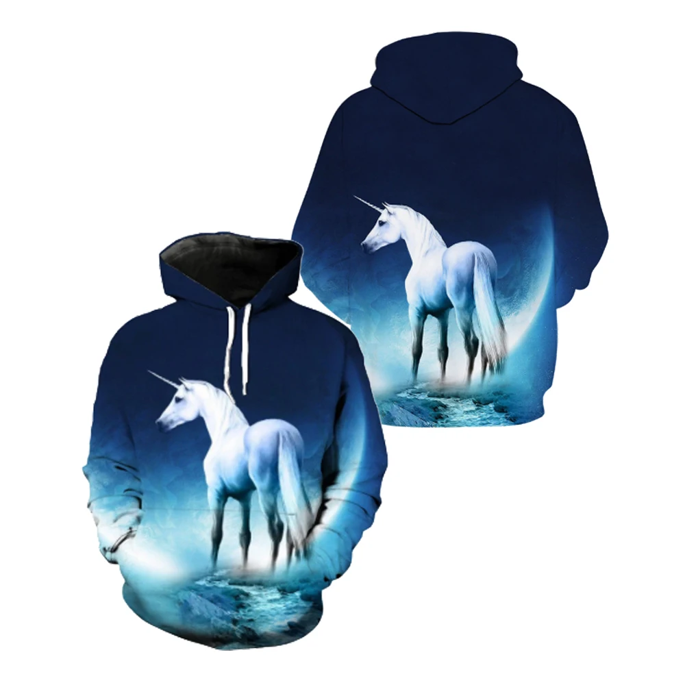 

USA Size Men's Funny 3D Hoodie Blue Sky Clouds White Horse Print Outdoor Pullover Streetwear