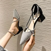 summer womens all match baotou sandals womens one word buckle with pointed toe mid high heeled thick heeled single shoes women