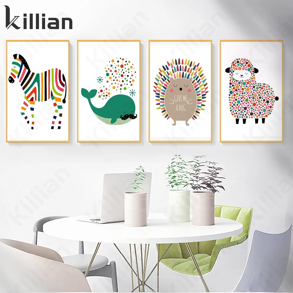 

Korean Cartoon Animal Cute Children Room Shop Decoration Colorful Hedgehog Zebra Whale Sheep Picture Poster Home Decor