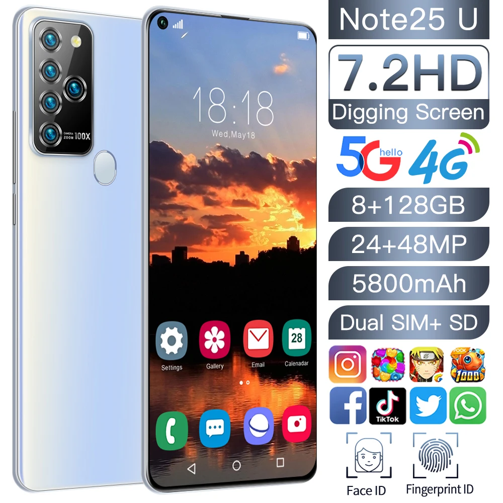 

Cellphone 7.2 Inch Face Unlock 5800mAh 8+128GB Andriod 10 Cell Phone 5G Network 24+48MP MTK6889 Deca Core Smartphone