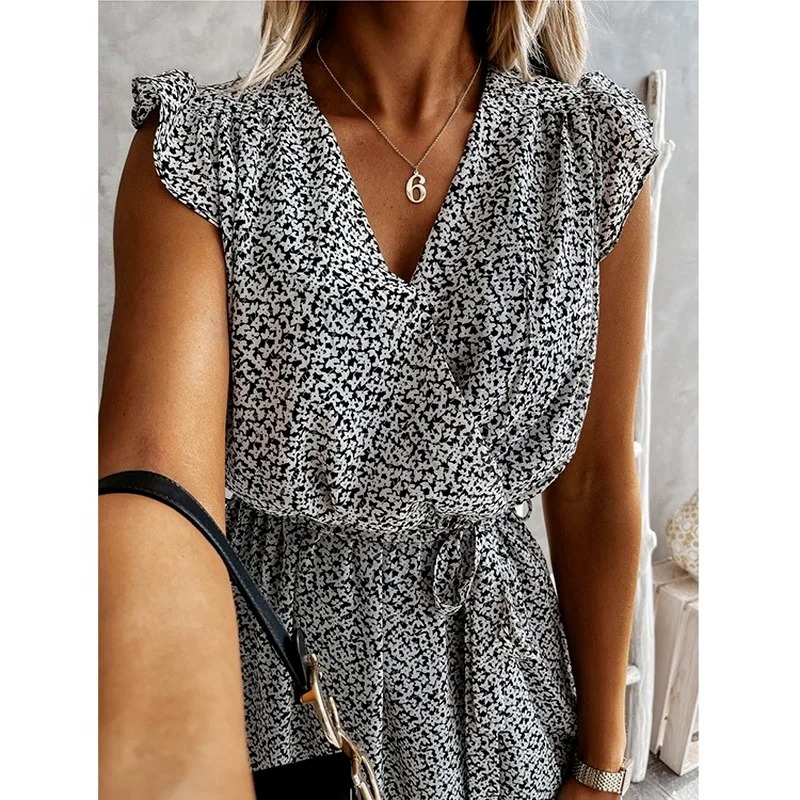 

Dress for Women 2021 Summer Vacation Floral V-neck Ruffle Sleeve Sleeveless Belt Ruffle Long Skirt Dress Maxi Dresses for Women