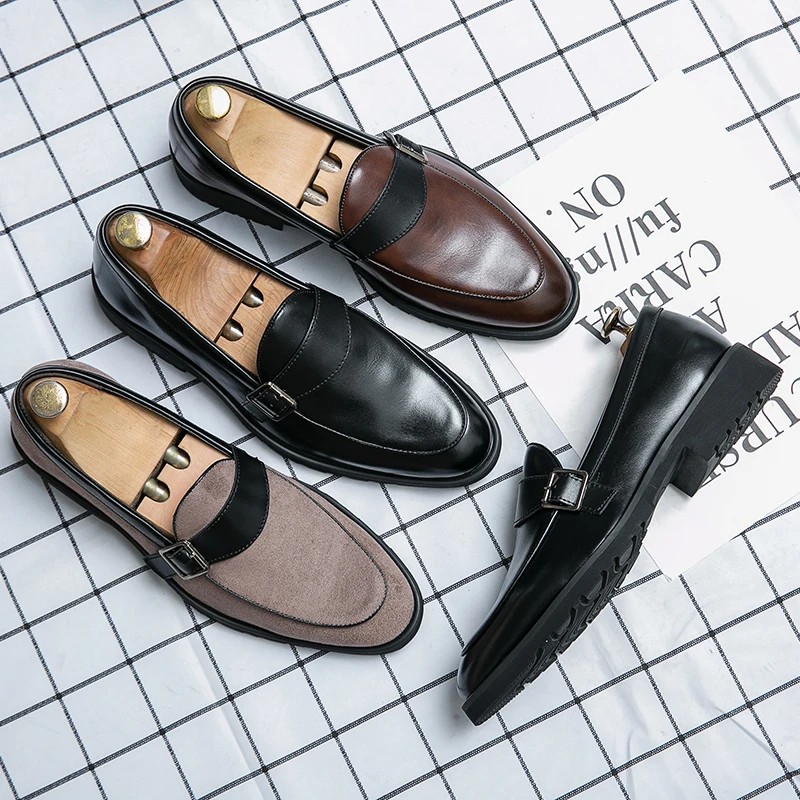 

2021 New Men's Shoes Fashion High-end Solid Color PU Classic Belt Metal Buckle Low Heel Non-slip Casual Business Loafers KS040