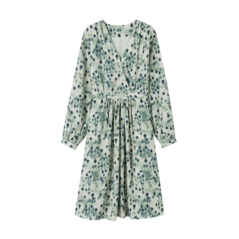 

HFJ 2021 French Retro Gentle and Thin V-neck Waist Long Floral Dress Spring and Summer New Green Temperament Skirt GentleThin