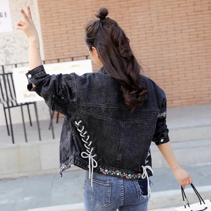 

2021 Fashion The New Loose Embroidery Cross Lace Up Burr Wild Denim Jacket Free Shipping
