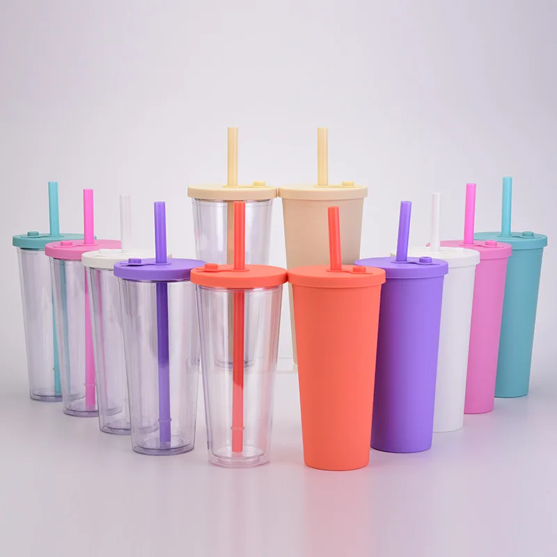 

24oz Clear Matte Acrylic Tumbler Pastel Color Travelable Cups with Lid Straw Reusable Water Cup Teacher's Gift For Drinkware