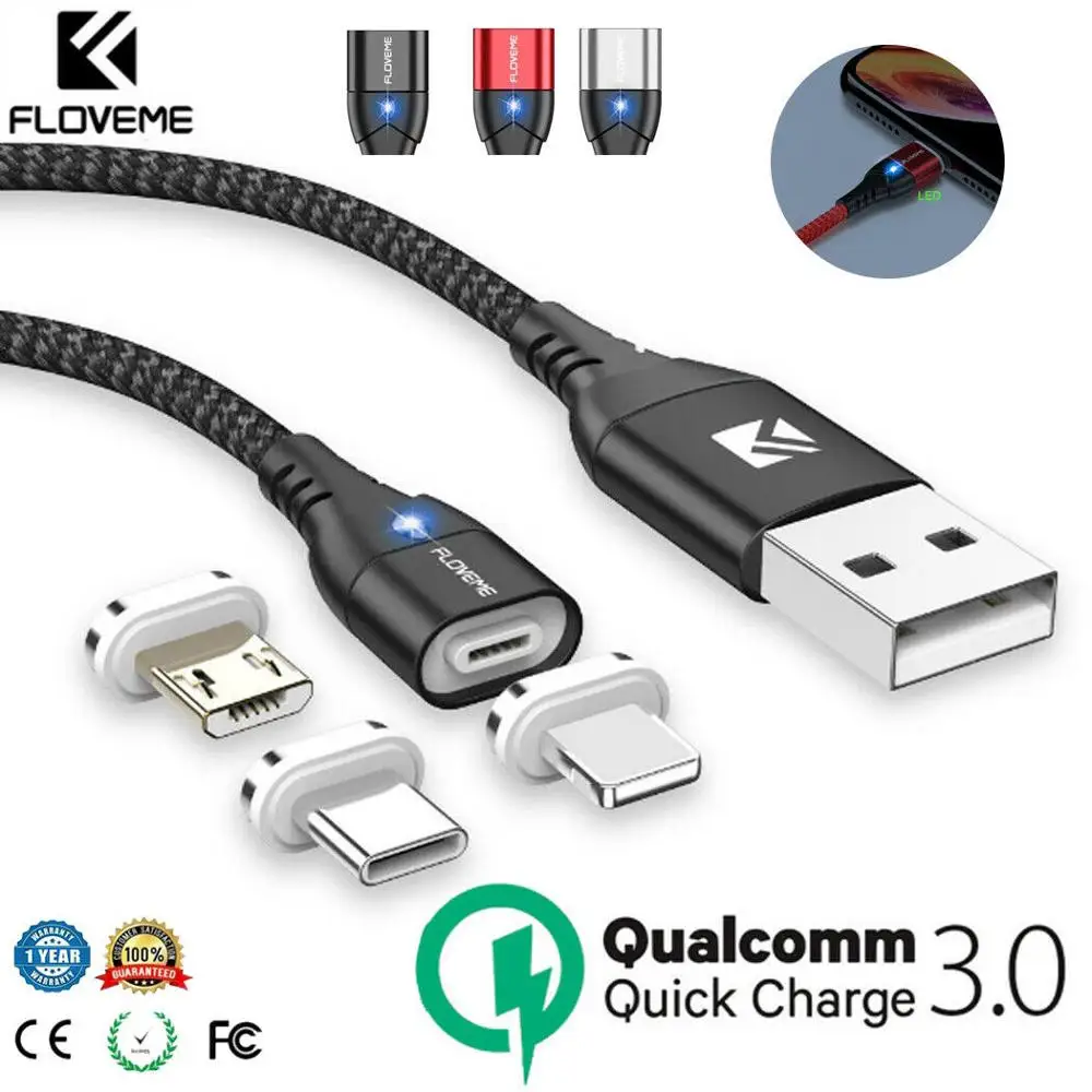 FLOVEME Магнитный кабель Micro usb type C для iPhone освещения 1 м 3A провод быстрого заряда