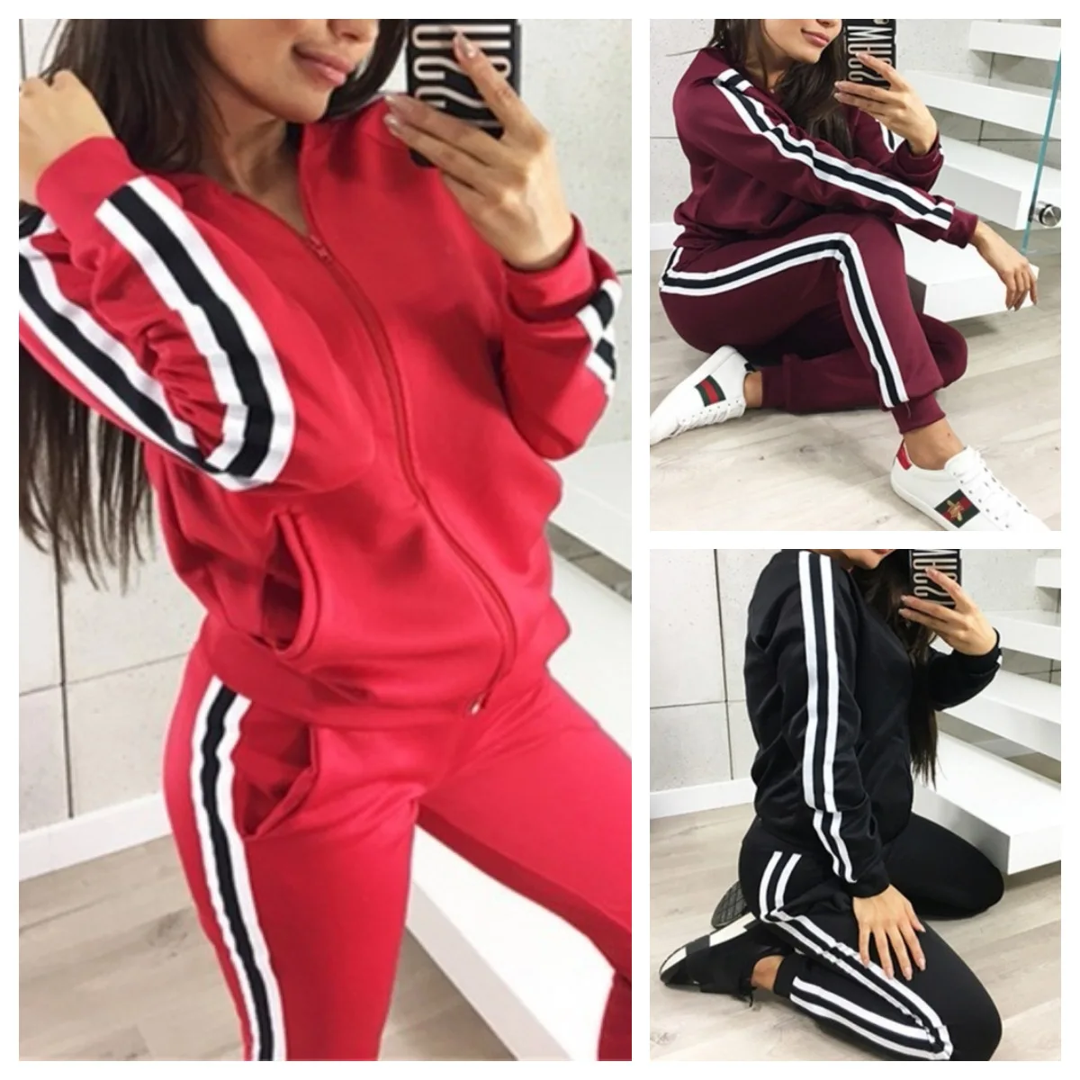 

Streetwear Long Sleeve Activewear 2 Two Piece Set Women Zipper Hooded Tracksuit Outfits Female Bodycon Black Matching Sets