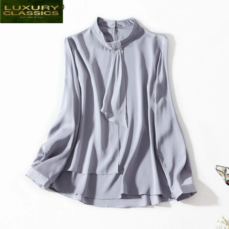 Silk Blouse Women Real Tops Green Blouses Long Sleeve Shirts Korean Fashion Clothing Spring Streetwear Blusas LWL1617