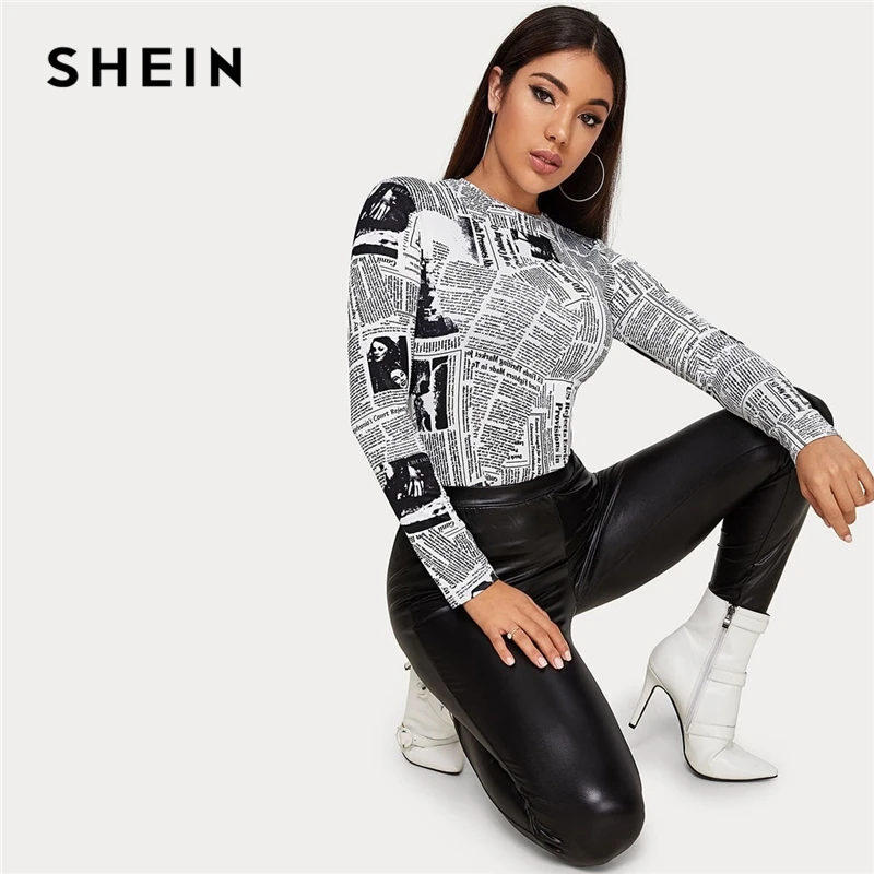 SHEIN Женская Повседневная футболка с буквенным принтом и круглым вырезом на весну и осень, облегающие уличные футболки с длинным рукавом