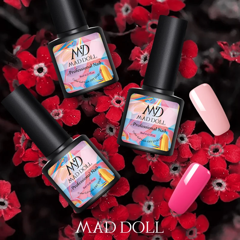 MAD DOLL, 8 мл, Гель-лак для ногтей, серый, красный, смешанные цвета, один отмачиваемый УФ-Гель-лак, Полупостоянный гель для дизайна ногтей