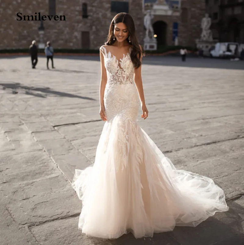 

Smileven Lace Mermaid Wedding Dress 2020 Champagne Sleeveless Train Bridal gowns See Through Back Robe De Mariee Wedding Gowns