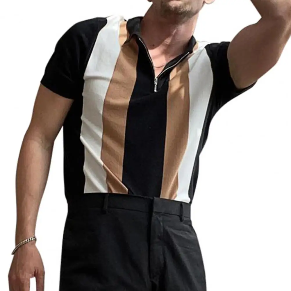 

Pullover Vintage Stripe Print Zipper Slim Top Streetwear Men T-shirt Short Sleeve for Office