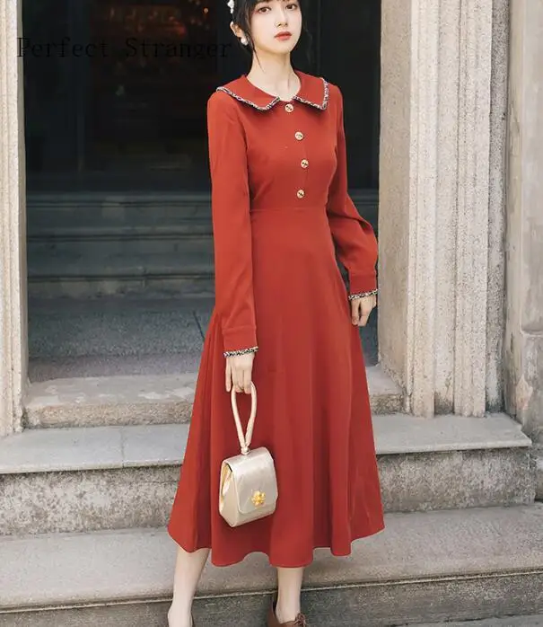 Женское длинное платье с длинными рукавами однотонное воротником Питер Пэн во