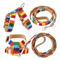 rainbow color pet dog collar leashes 3pcs outdoor exercise harness for big dogs pu leather anti slip collar pet accessories