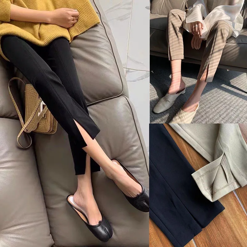 2021 Spring Autumn New Fashion Classic Trendy Brand Luxury Design Versatile Slit Casual Pants Simple Women Slim Capris