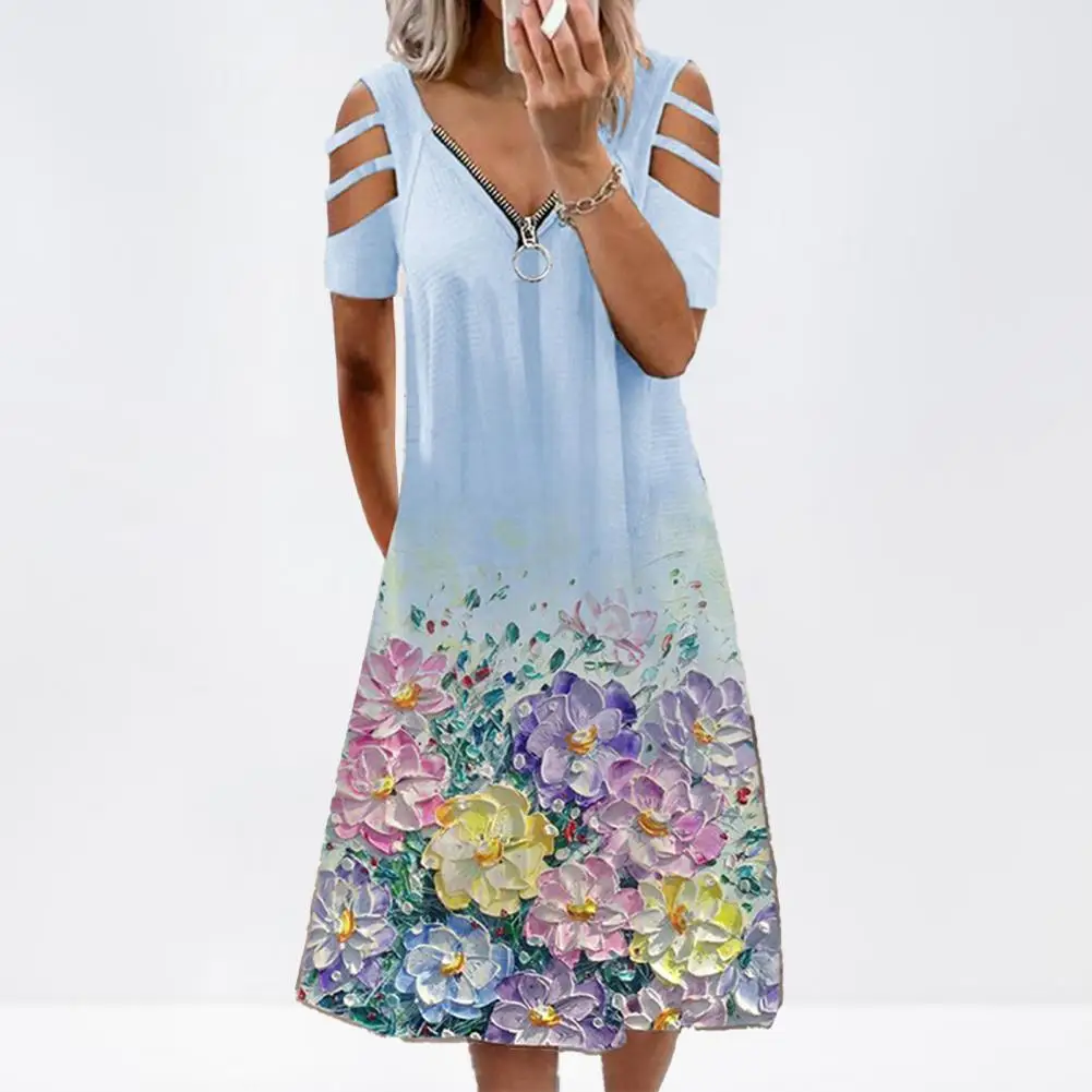 

Zipper Floral Print Short Sleeve Dress Women Sexy Summer V Neck Casual Elegant Vintage Plus Size Hollow Out Dresses Streewear