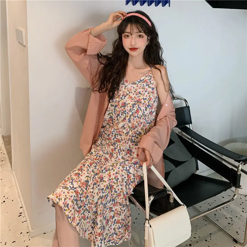 

Floral suspender dress Fairy Print long skirt with thin ruffles in spring and summer