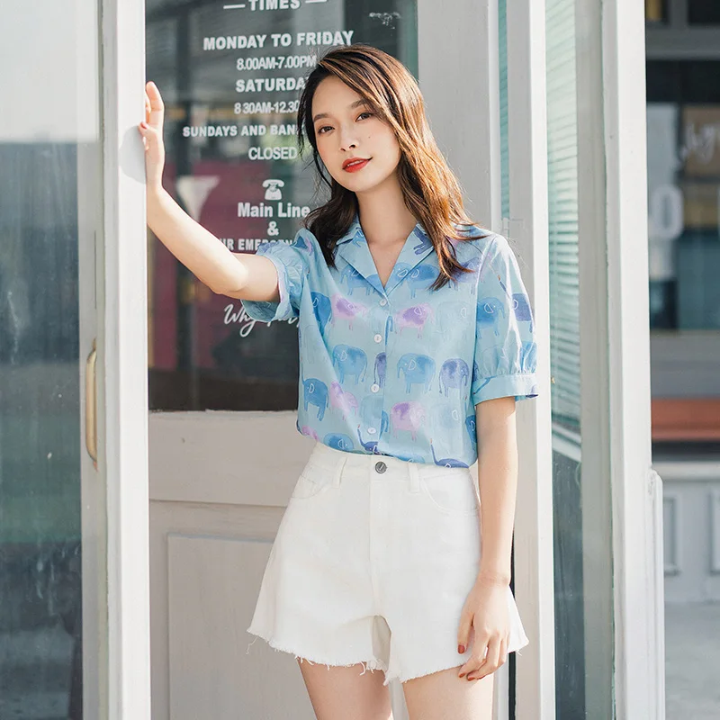 Повседневная модная блузка с коротким рукавом из чистого хлопка принтом слона