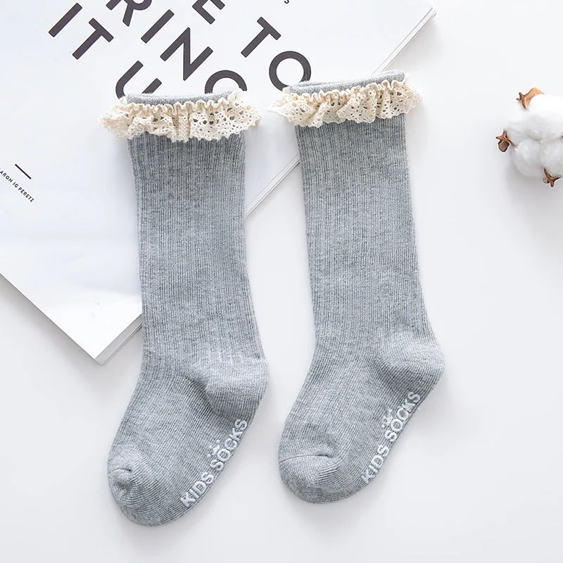lace gray Теплые зимние кружевные Хлопковые гольфы для малышей рождественские нескользящие носки для малышей домашние тапочки гетры для мальчиков и девочек, длинные носки - Цвет: lace gray