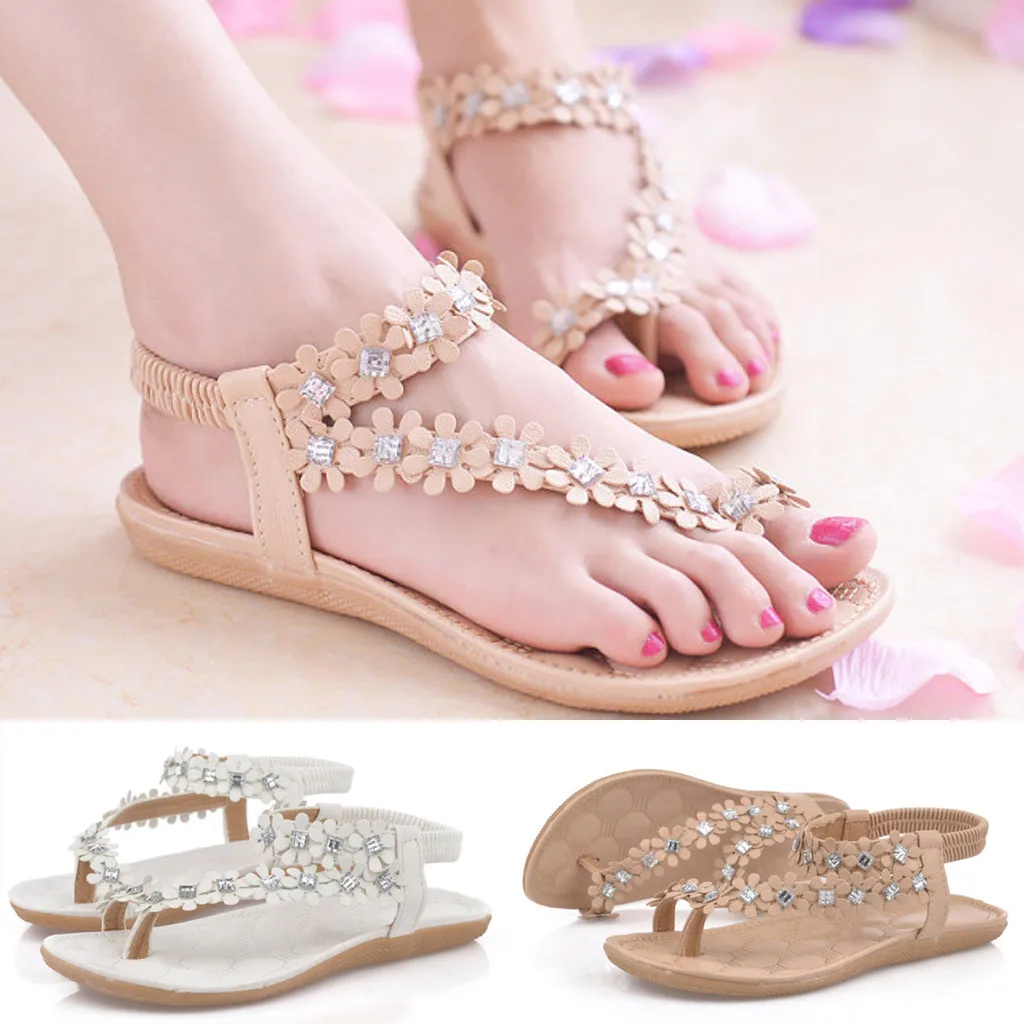 

Women's Casual Flats Elastic Band Boho Beach Sandals Sandals Women Flat Heel Flip Flops Rhinestone Beach Sandals