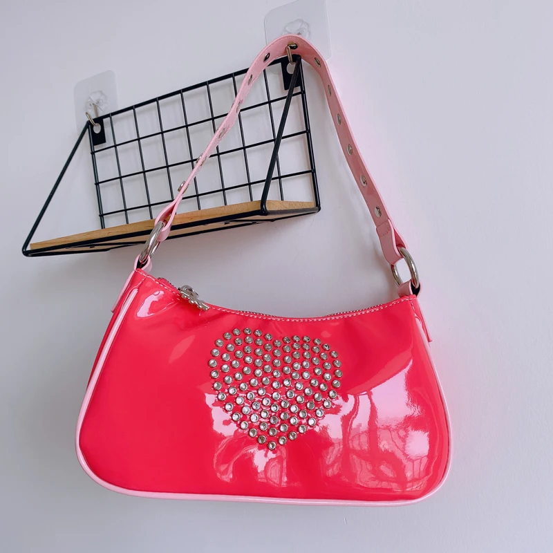 Sweet Girls Cute Kawaii Pink Baguette Bag Women 90s Vintage Rhinestone Heart Mini Handbag Chic Patent Leather PU Axillary Pouch | Багаж и