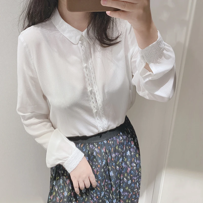 Женская рубашка из 100% шелка белого цвета кружевная блузка с отложным воротником